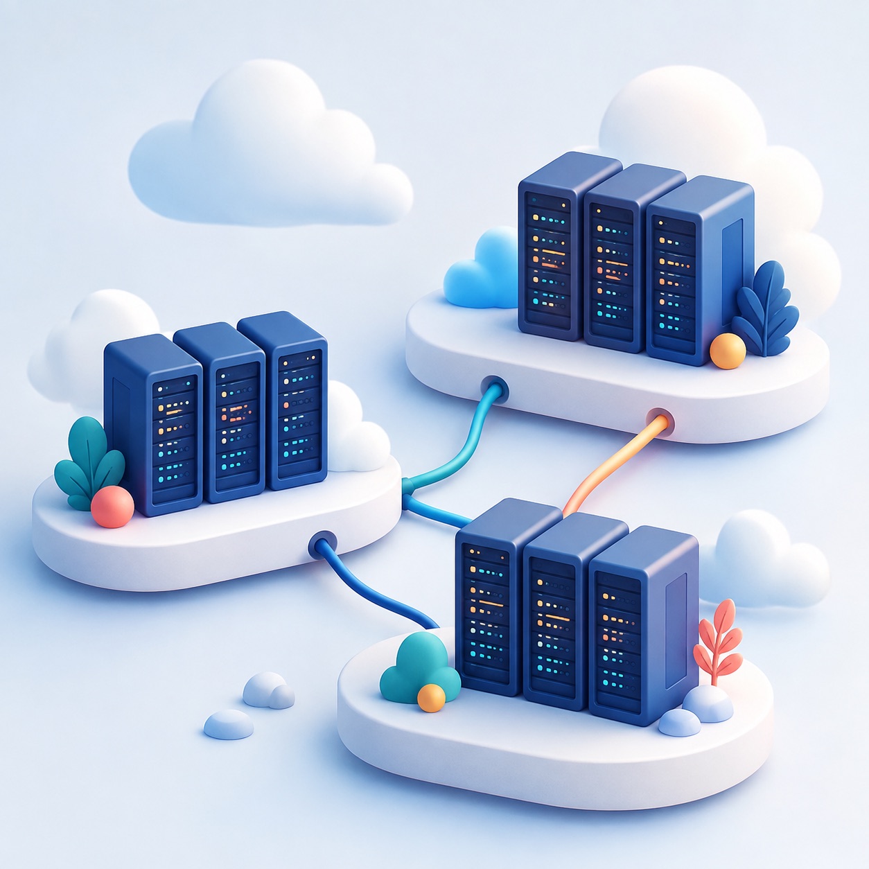 Blue server racks on white cloud platforms connected by teal and coral cables.