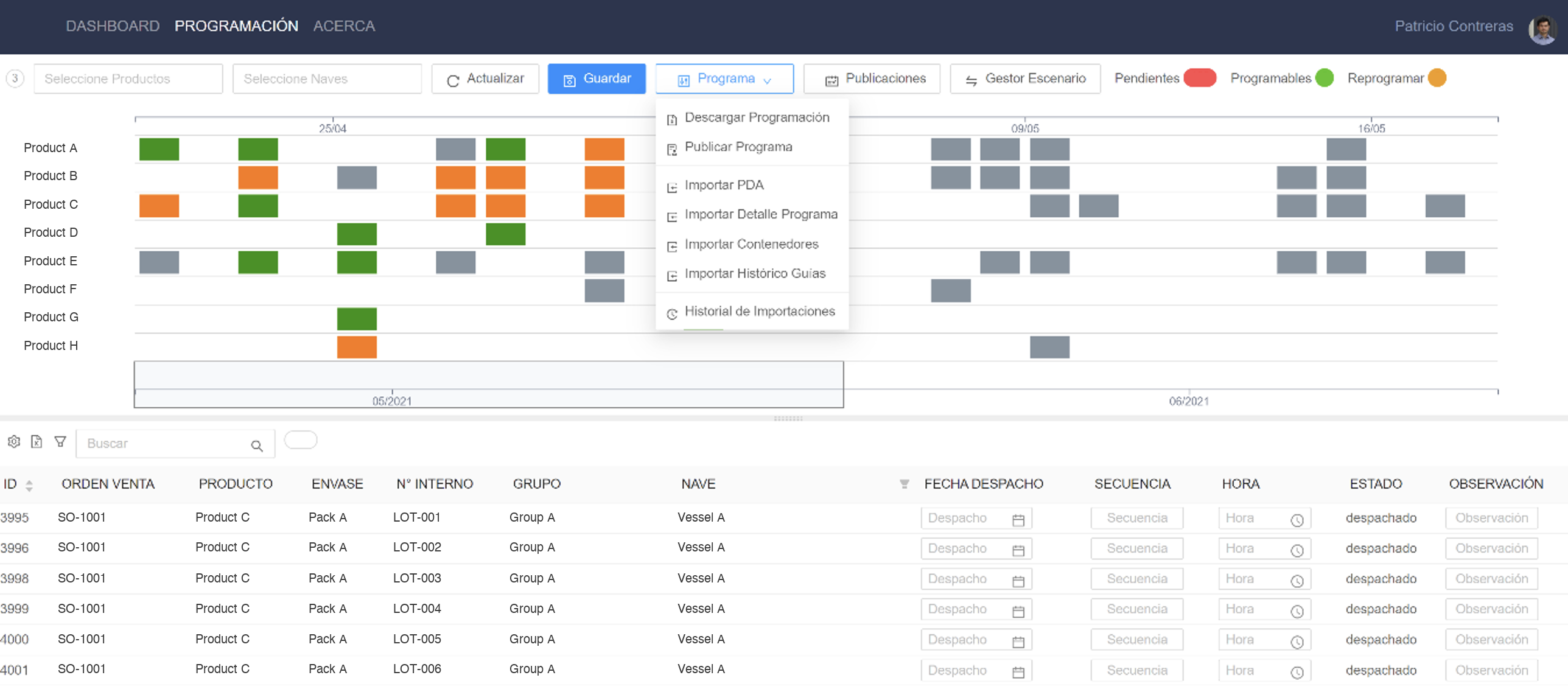 Dispatch planner with a Gantt schedule by product and date above a lot table for setting dispatch dates.